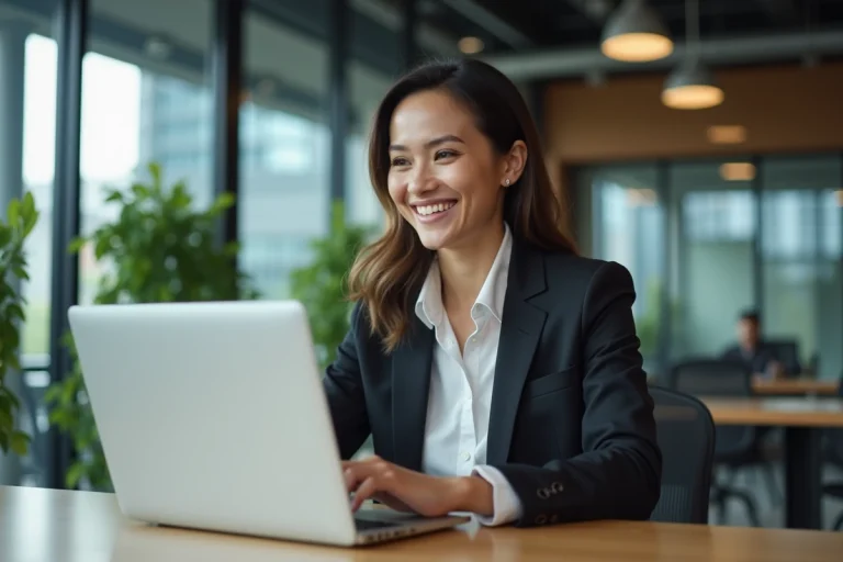 Jeune femme professionnelle souriante utilisant un ordinateur portable dans un espace de coworking moderne