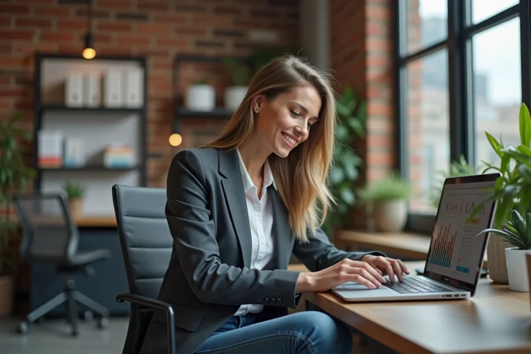 Jeune femme professionnelle dans un bureau moderne avec vue urbaine