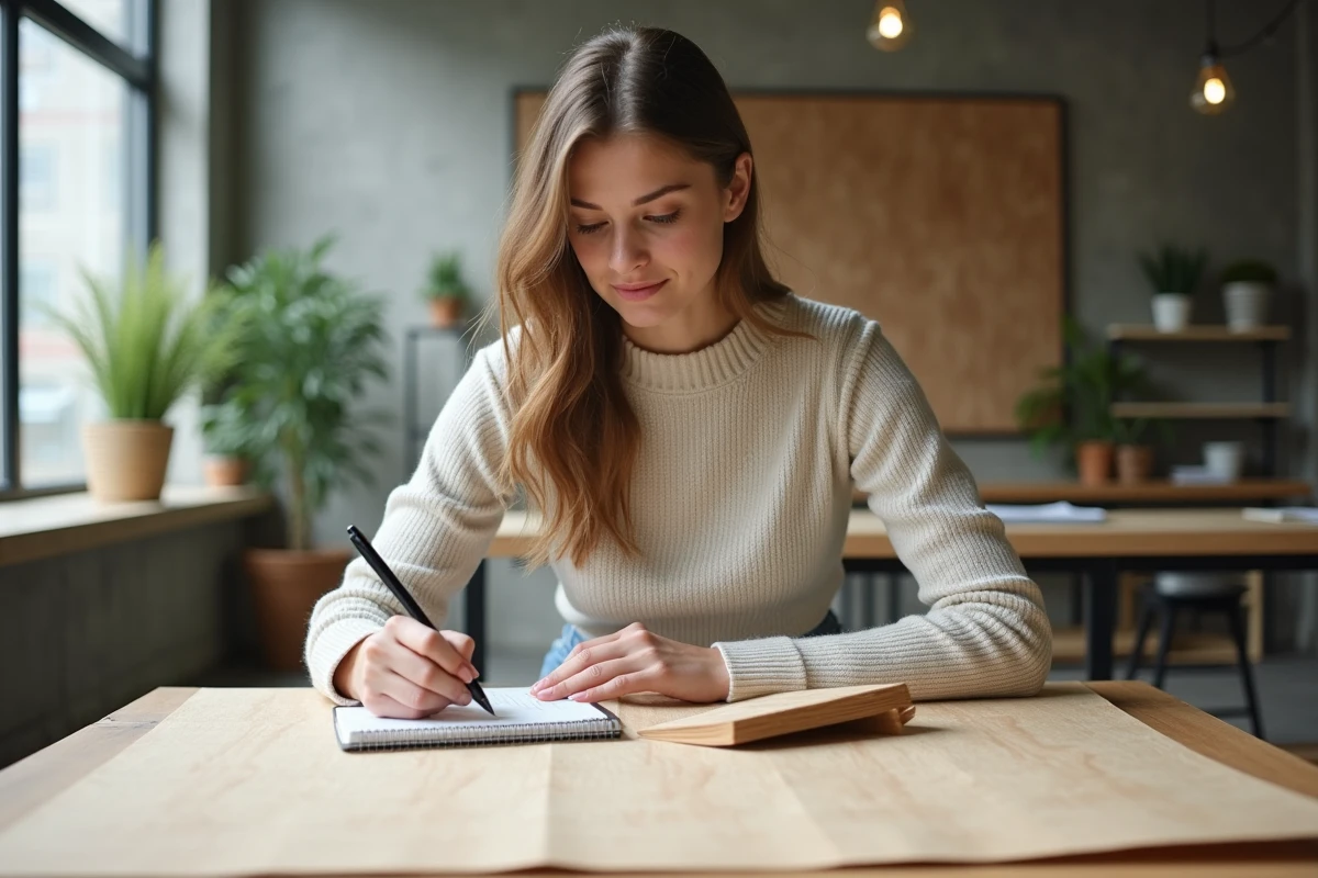 Jeune femme ingénieure notant sur un panneau de bois