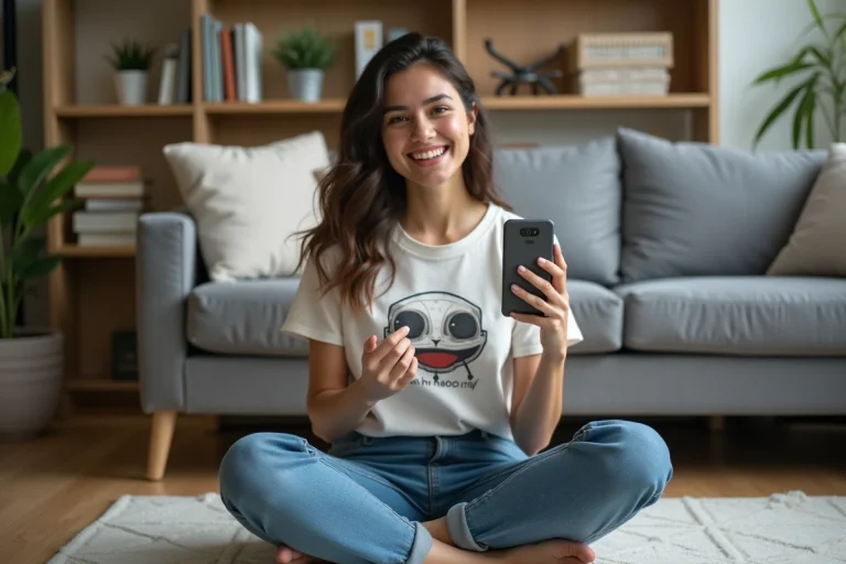Jeune femme souriante montrant un meme drôle dans un salon moderne