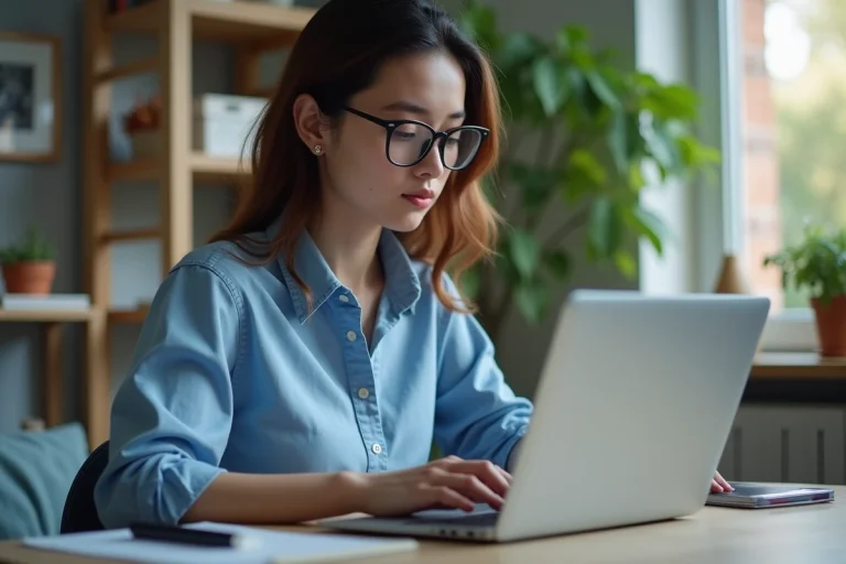Jeune femme concentrée travaillant sur un ordinateur portable dans une chambre moderne