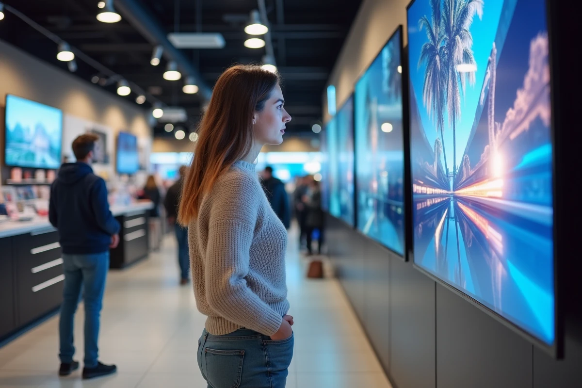 Jeune femme regardant les écrans dans un magasin d
