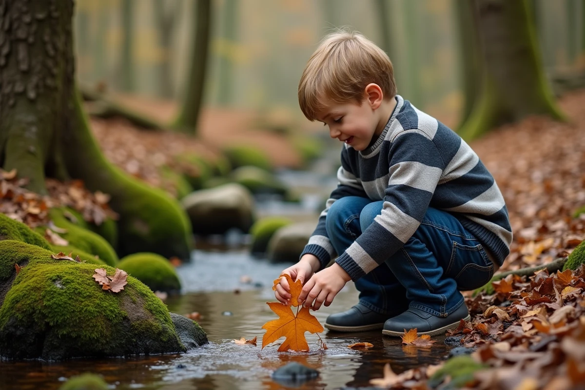 Garçon examinant des feuilles dans un ruisseau forestier