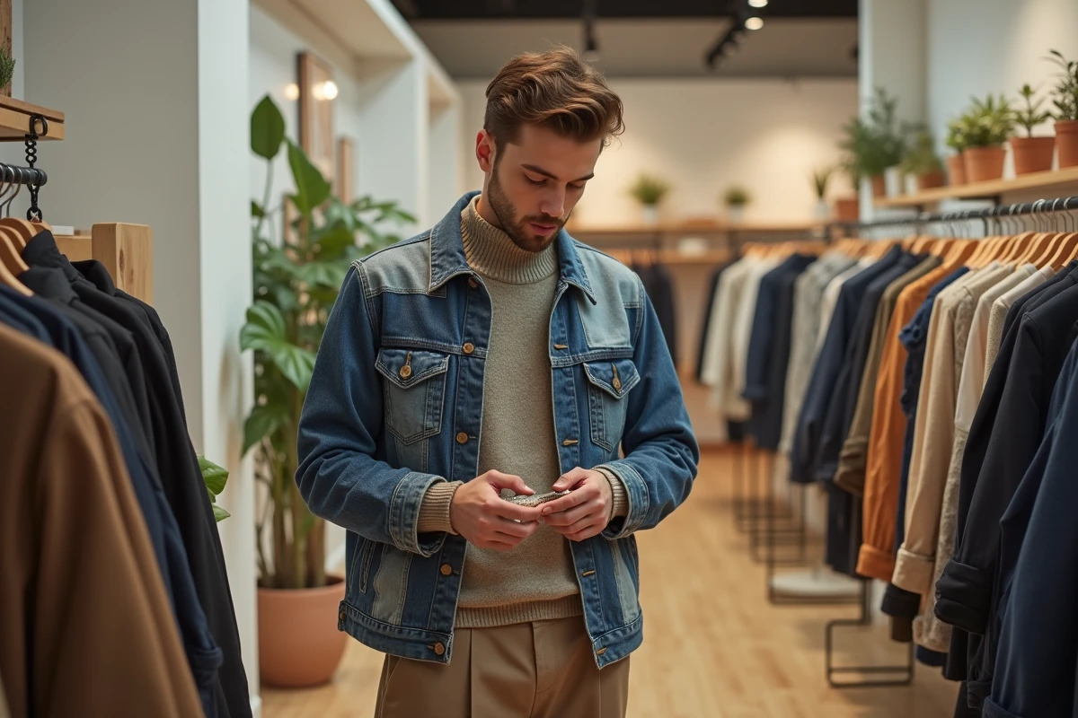 Jeune homme en denim patchwork dans boutique moderne