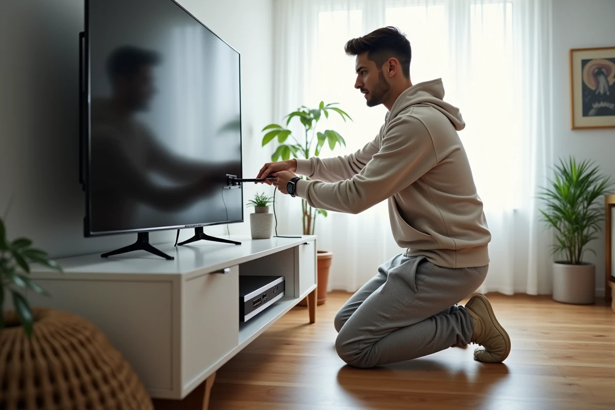 Jeune homme connectant un câble HDMI à la télévision dans un appartement lumineux