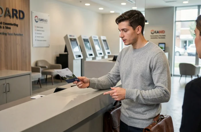 Jeune homme discutant de solutions d'assurance et de banque avec un conseiller dans une agence moderne
