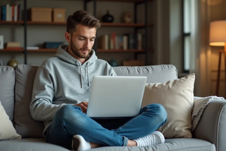 Jeune homme en hoodie assis sur un sofa avec un ordinateur portable
