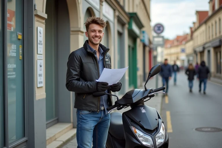 Jeune homme français avec moto et documents