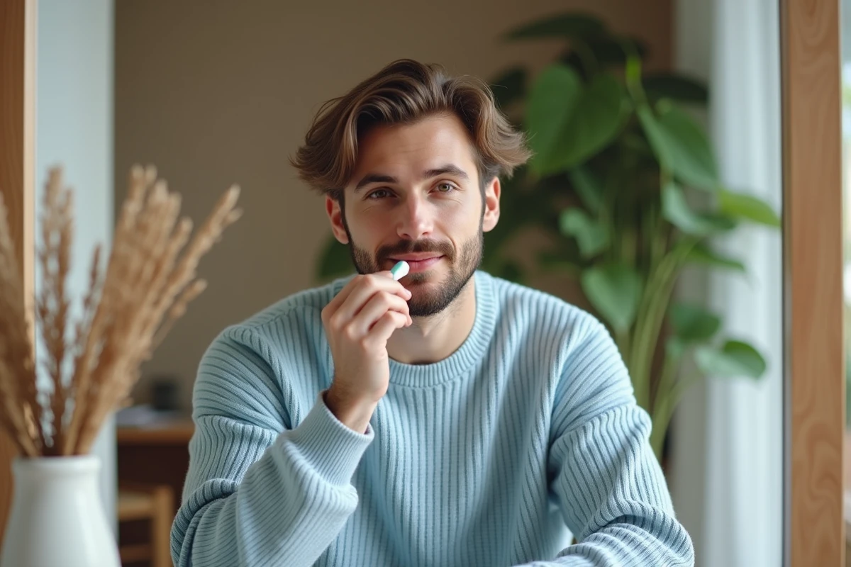 Jeune homme appliquant du baume à lèvres dans son appartement