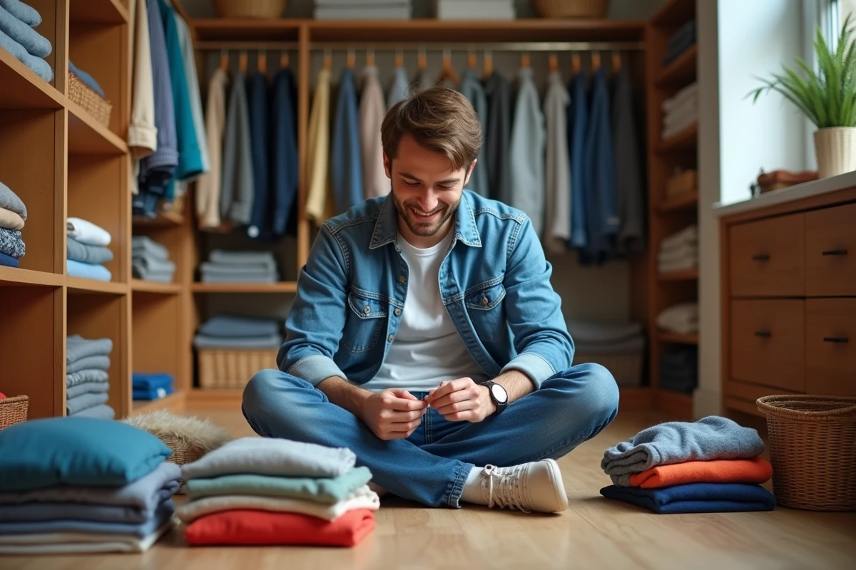 Jeune homme triant des vêtements dans un dressing spacieux