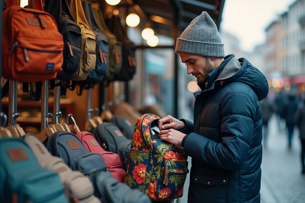 Jeune homme inspectant un sac à dos dans un marché urbain