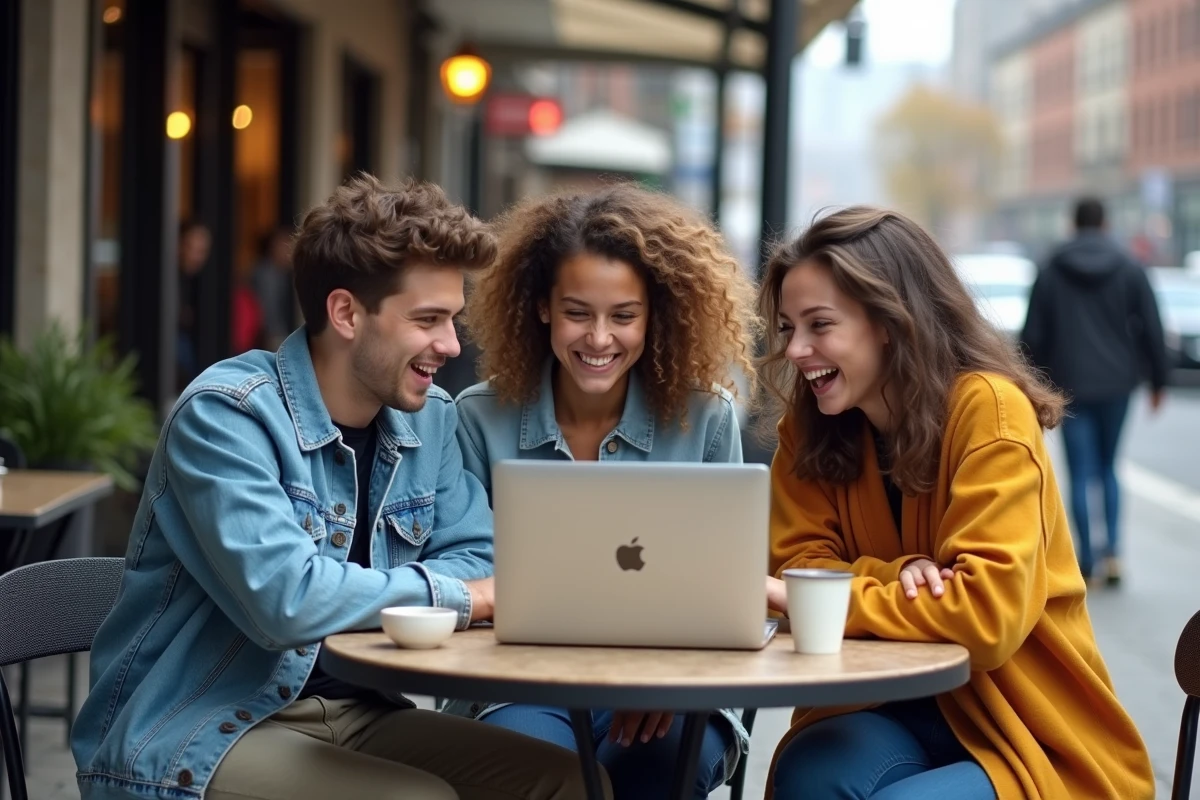 Trois adolescents riant autour d’un ordinateur en extérieur