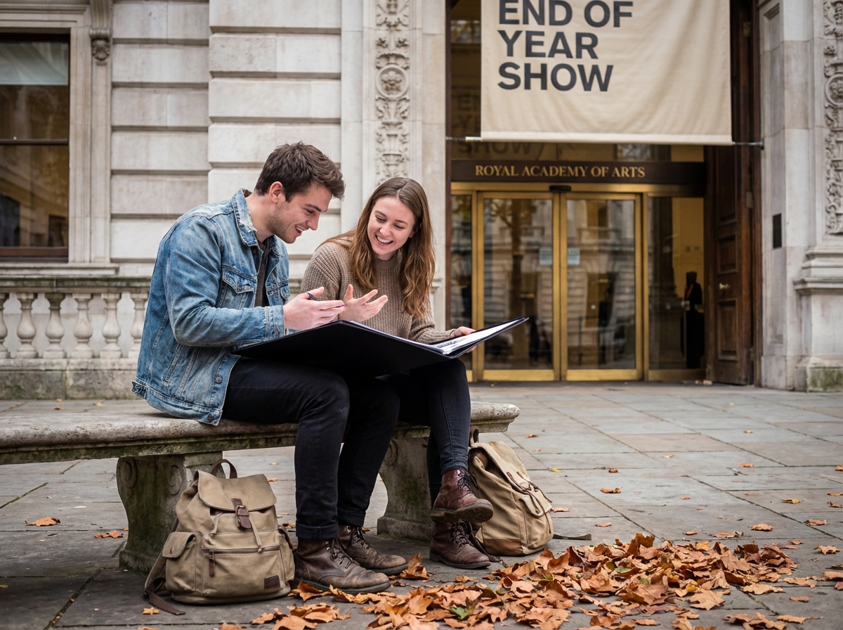 Deux jeunes discutant devant une école d