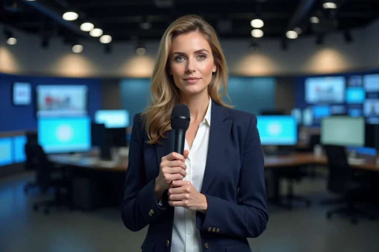 Journaliste professionnelle en studio de télévision, portrait en pied montrant sa silhouette élégante en blazer marine