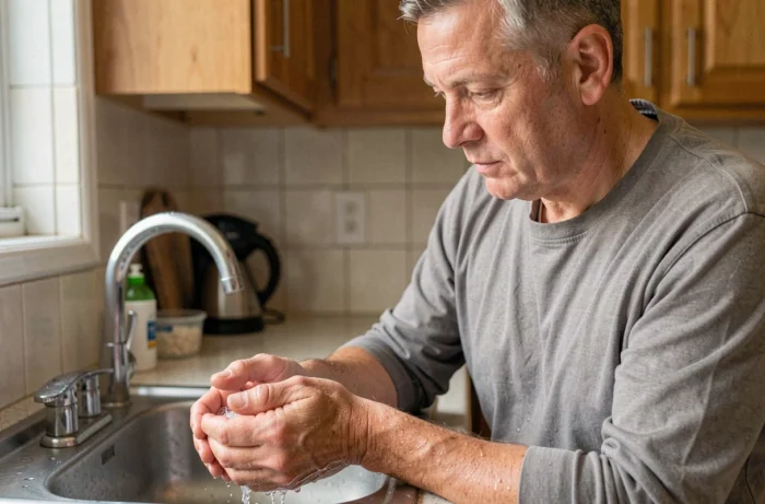 Homme se lavant soigneusement les mains à l'évier de sa cuisine, geste essentiel de prévention contre la transmission des maladies