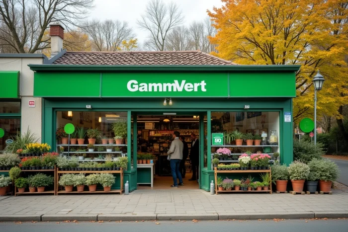 Devanture d'un magasin Gamm Vert avec plantes exposées et enseigne verte reconnaissable
