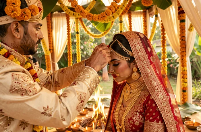 Cérémonie de mariage hindou indien avec le marié appliquant le sindoor sur la mariée sous un mandap orné de guirlandes de fleurs