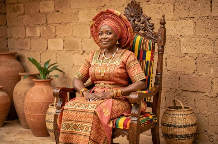 Mariée nigériane en tenue traditionnelle Yoruba avec gele en or et corail assise sur un trône orné lors d'une cérémonie africaine