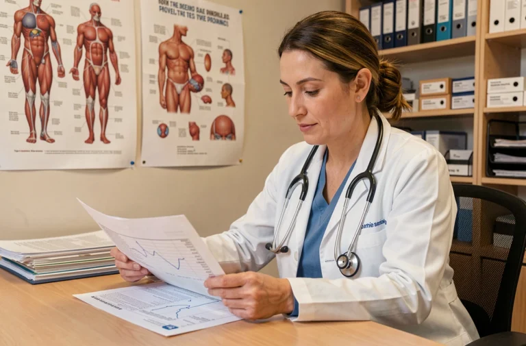 Médecin femme en blouse blanche consultant un dossier médical dans un cabinet clinique moderne, illustrant la prévention et le suivi des maladies