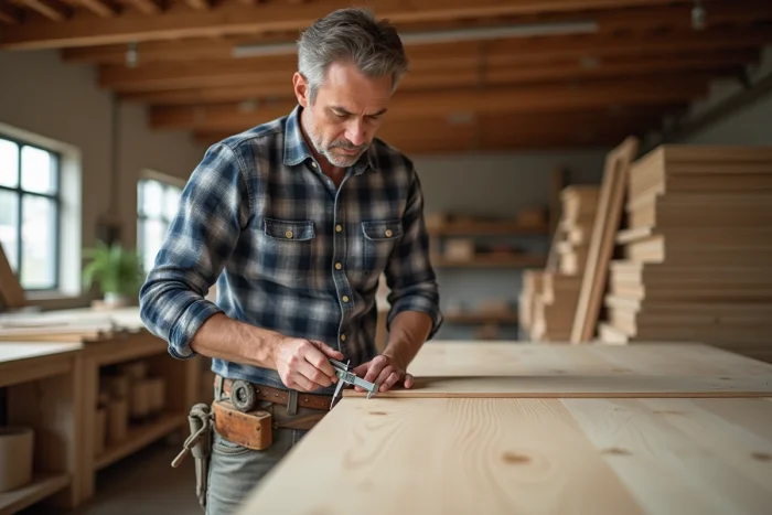 Menuisier homme mesurant un panneau de fibre de bois