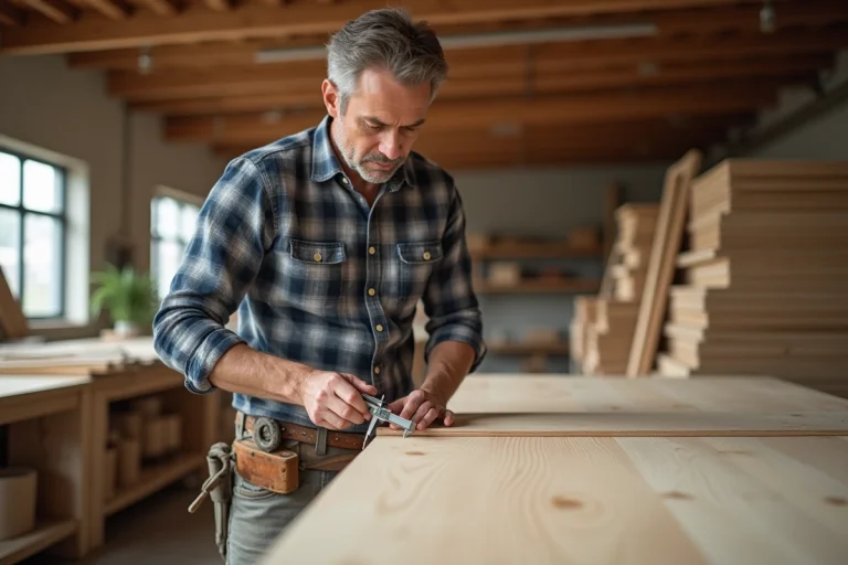 Menuisier homme mesurant un panneau de fibre de bois
