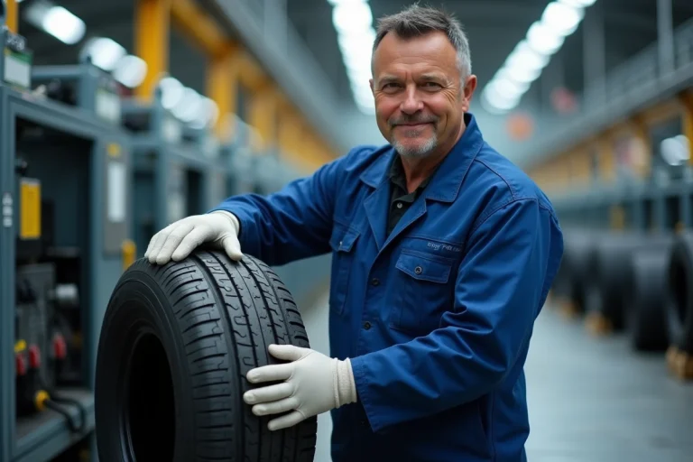 Ouvrier industriel inspectant un pneu dans une usine