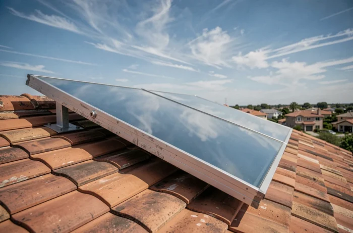 Panneau solaire thermique à plaque plate installé sur un toit en tuiles pour la production d'eau chaude solaire