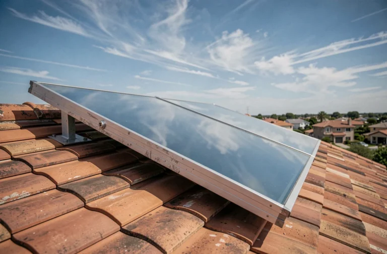 Panneau solaire thermique à plaque plate installé sur un toit en tuiles pour la production d'eau chaude solaire