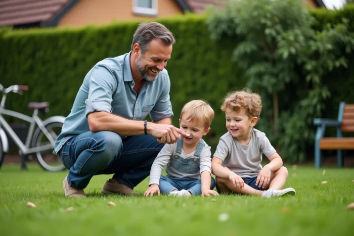 Père et enfants jouant dans un jardin pavillonnaire lors d'un moment complice en famille pendant le week-end