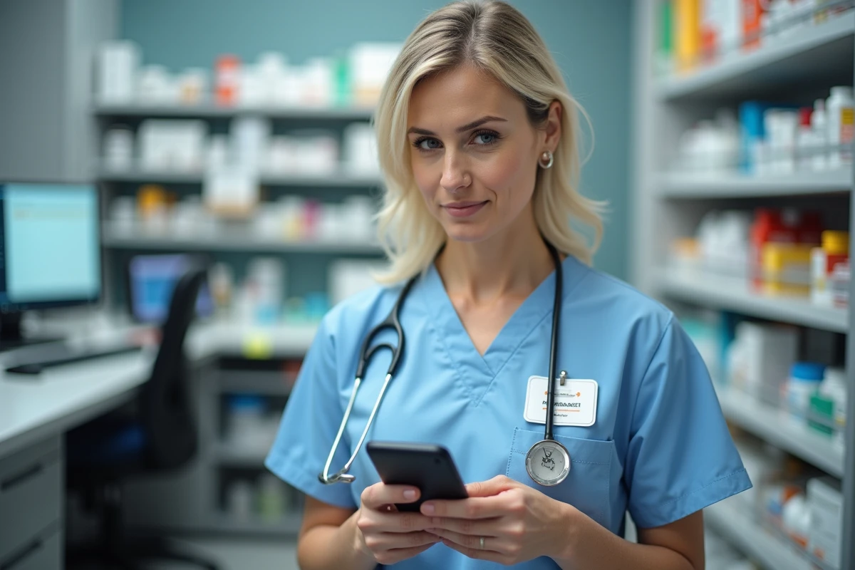 Pharmacienne utilisant un smartphone pour verification