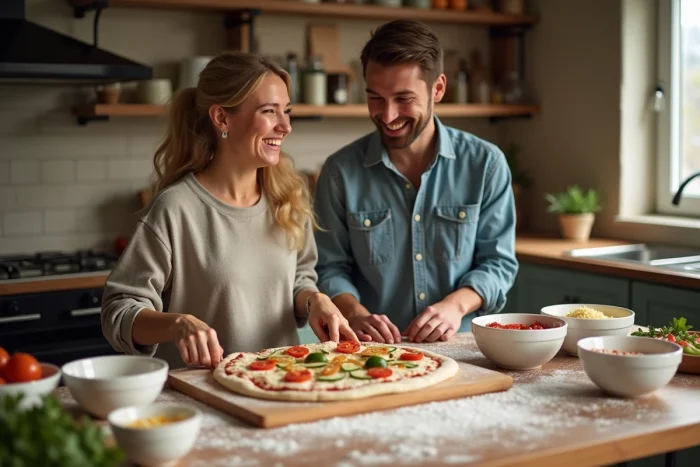 Couple préparant une pizza maison avec des garnitures variées dans une cuisine conviviale