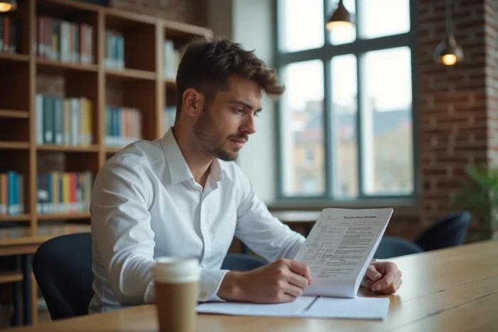Jeune homme se préparant aux tests psychotechniques de conducteur de train SNCF avec des livres de révision dans une bibliothèque
