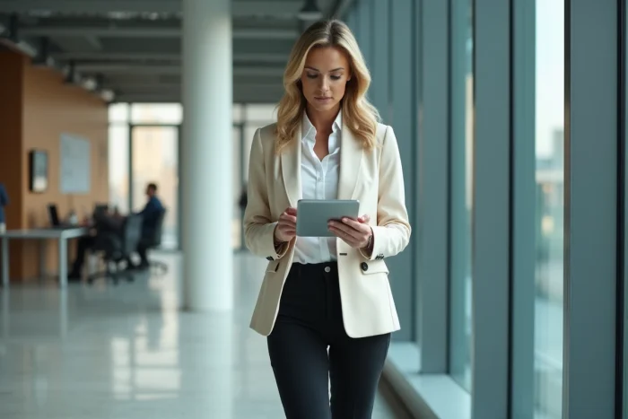 Présentatrice de télévision debout dans un bureau médiatique moderne, plan trois quarts révélant sa stature et son style professionnel