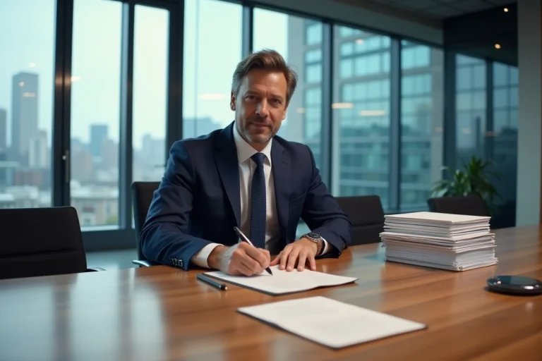 Dirigeant d'entreprise signant un contrat de rachat lors d'une réunion d'affaires formelle