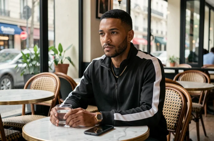 Artiste de rap français seul dans un café parisien moderne, style discret et introspectif, portrait éditorial