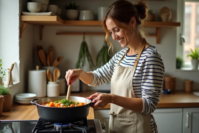 Femme préparant une soupe de légumes colorée dans une cuisine familiale chaleureuse