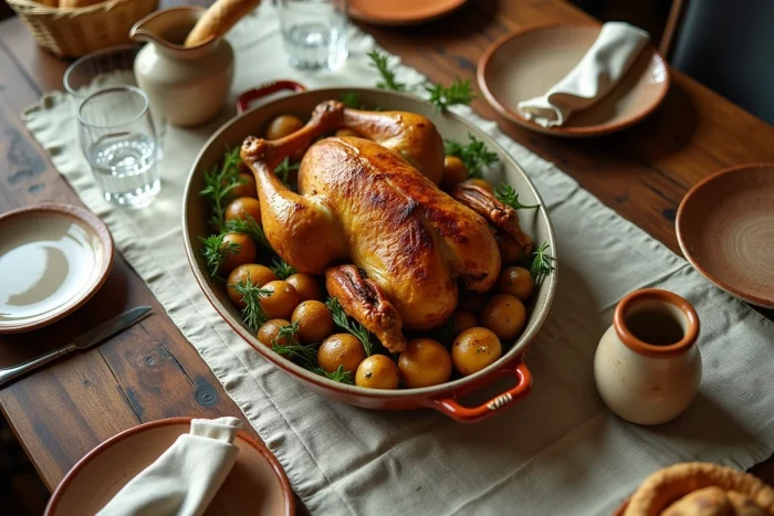 Table familiale dressée avec un poulet rôti doré et des légumes pour un repas convivial