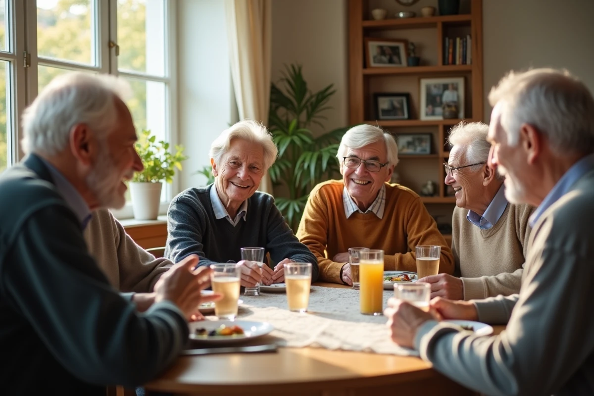 Groupe de seniors discutant autour d une table