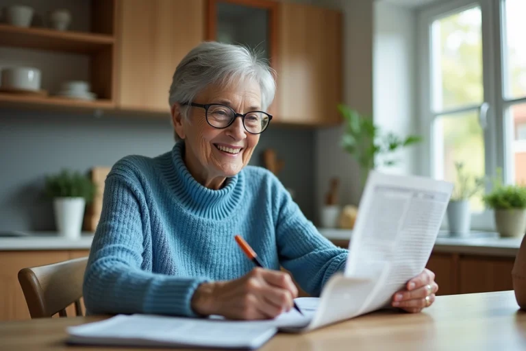 Femme senior souriante lisant un journal à la maison