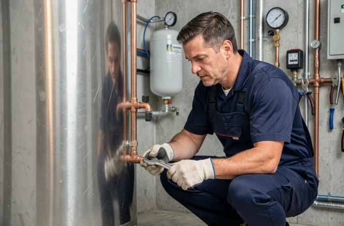 Technicien installant un ballon de stockage d'eau chaude solaire dans une chaufferie de maison écologique