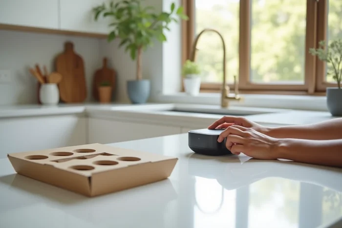 Unboxing d'un assistant domestique intelligent sur un plan de travail de cuisine moderne