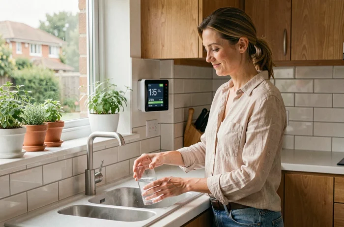Femme utilisant l'eau chaude solaire au quotidien dans une cuisine écologique équipée d'un système thermique solaire