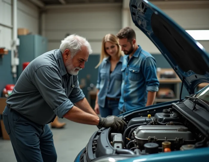 Mécanicien expliquant l'état du moteur d'une voiture d'occasion à un couple d'acheteurs dans un garage